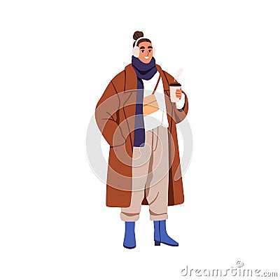 Woman standing in winter coat, holding hot coffee, takeaway drink in hand. Modern girl in stylish apparel, casual Vector Illustration