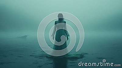 Teal Fog: A Macabre Romanticism Rendering Of A Woman In A Dress Stock Photo