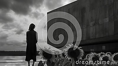 Eerily Realistic Woman Walking Past Modern Building And Sunflowers Stock Photo