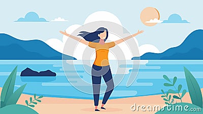 A woman stands at the edge of the shore her arms extended as she practices a breathing technique to help ease her Vector Illustration