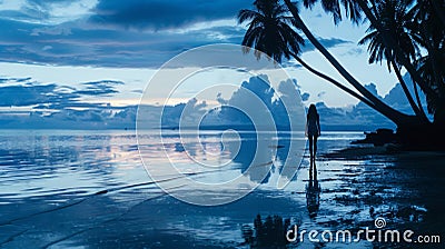 A woman stands at the edge of the shoreline her silhouette against the backdrop of the shimmering water and towering Stock Photo