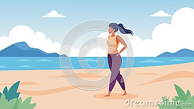 A woman stands foot on a sandy beach breathing deeply and practicing mindfulness exercises as she engages in outdoor Vector Illustration