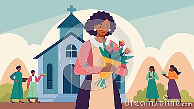 A woman stands at the front of a church holding a bouquet of flowers as she leads a special remembrance ceremony for Vector Illustration