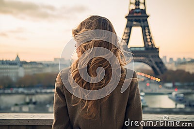 A woman stands in front of the iconic Eiffel Tower in Paris, France, enjoying the beautiful view, Young woman's rear view Stock Photo