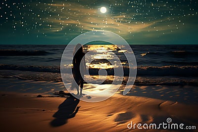 A woman stands on a moonlit beach, with gentle waves softly lapping at her feet Stock Photo