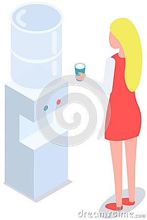 Woman stands near cooler for water cooling and heating. Equipment for serving hot and cold drinks Vector Illustration