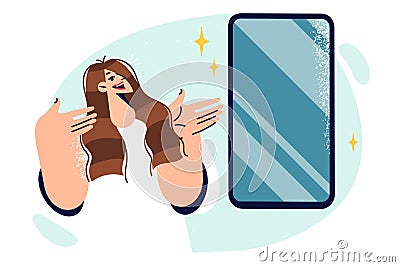 Woman stands near mobile phone and points hands at gadget, offering to use application Vector Illustration