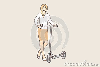 Woman stands near scooter and smiles and offers use alternative transport there to get to work Vector Illustration