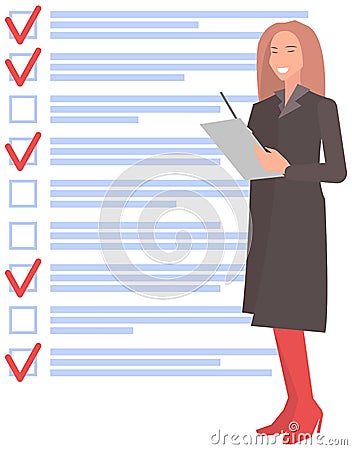 Woman stands near to do list and planning schedule. Plan fulfilled, task completed, timetable sheet Vector Illustration