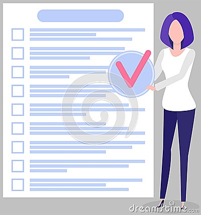 Woman stands near to do plan with check mark in hand. Girl works with check list planning Vector Illustration