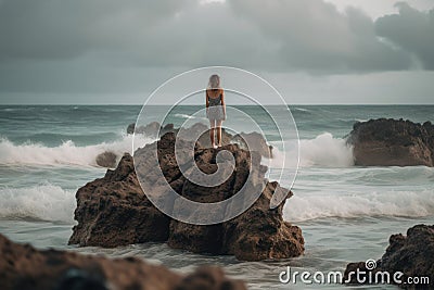 woman stands on a stone around the seething water of the ocean generative ai Stock Photo