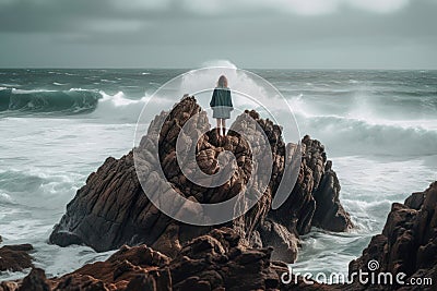 woman stands on a stone around the seething water of the ocean generative ai Stock Photo