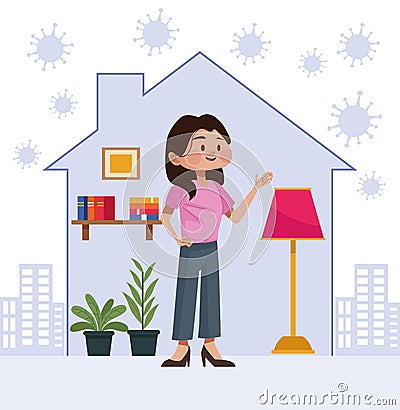 Woman stay at home inside house Vector Illustration