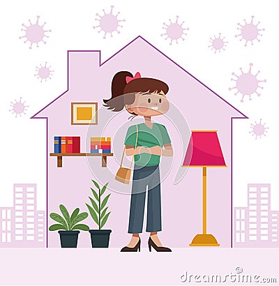 Woman stay at home inside house Vector Illustration