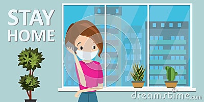 Woman stay at home, quarantine or self-isolation. Health care concept. Sick girl looks at window and speaks on smartphone Vector Illustration