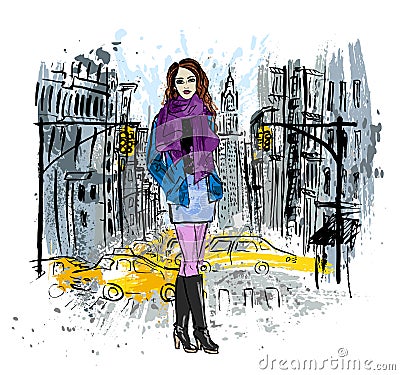 Woman staying on street Vector Illustration