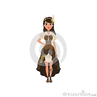 Woman in steampunk outfit. Young girl in blouse with sleeves, corset, skirt with bustle and boots. Fancy clothes for Vector Illustration