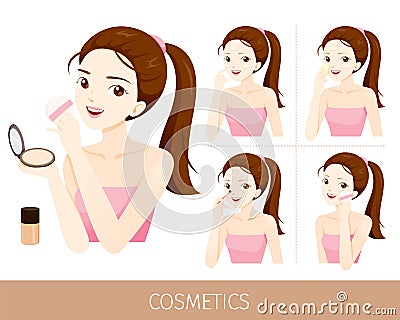 Woman With Step To Use Foundation And Press Powder Vector Illustration