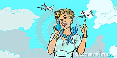 Woman stewardess with phone, sky and planes Vector Illustration