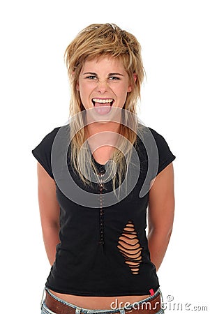 Woman sticking out her tongue Stock Photo