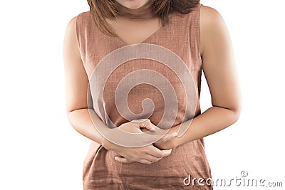 Woman stomachache on white background Stock Photo