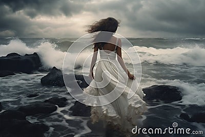sky woman nature storm beach cloud dress sea summer ocean vacation. Generative AI. Stock Photo