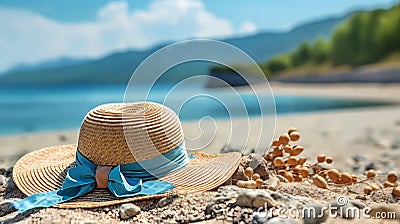 woman straw hat with blue bow and seashell on beach sand at mediterranean sea summer background copy space Stock Photo