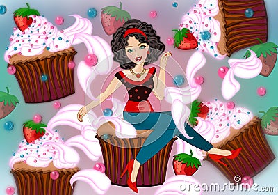 Woman and strawberry cupcakes Cartoon Illustration