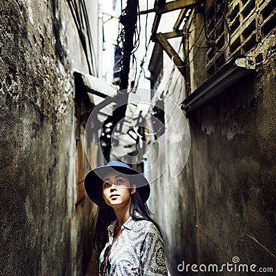 Woman street Walking Alley Vacation Concept Stock Photo
