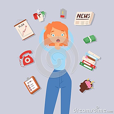 Woman in stress and panic vector illustration. Lady surrounded by calendar, shedule, brain storm and money problems Vector Illustration