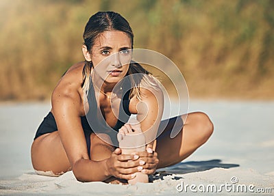 Woman, stretching or beach yoga in relax workout, exercise or training in Australian nature environment. Zen, calm or Stock Photo