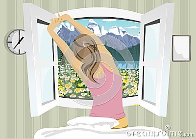 Woman stretching in bed after wake up, back view on summer mountain scenery Vector Illustration