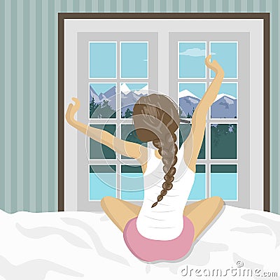 Woman stretching in bed after wake up. Concept for holidays and vacations. Summer mountain scenery Vector Illustration