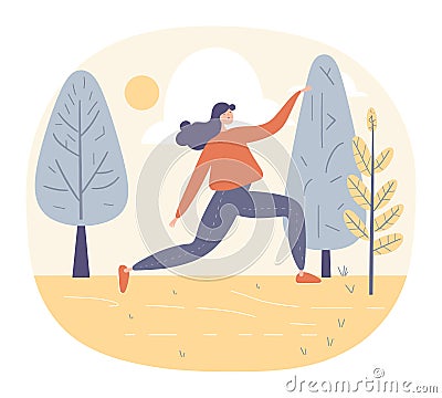 Woman stretching in the park with trees and sun, wearing casual workout clothes. Fitness and wellness outdoor exercise Cartoon Illustration