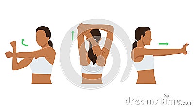 Woman stretching posture for aches treatment at shoulder, arm, neck and back. Flat vector Cartoon Illustration