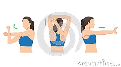 Woman stretching posture for aches treatment at shoulder, arm, neck and back Vector Illustration