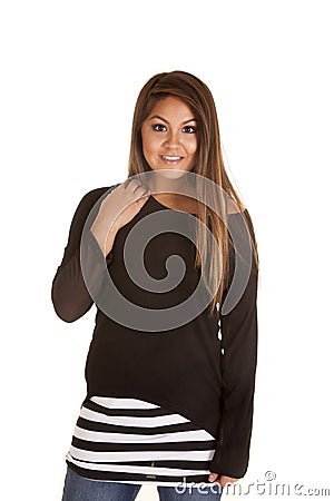 Woman stripe black top long sleeve Stock Photo