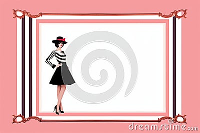 a woman in a striped dress and hat stands in front of an ornate frame Stock Photo