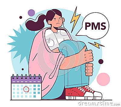 Woman struggle from strong PMS and abdominal pain during periods. Vector Illustration