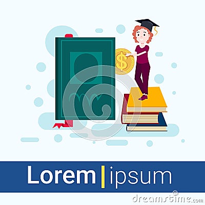 Woman student cup standing stack of book hold dollar coin study character on white background full length flat copy Vector Illustration