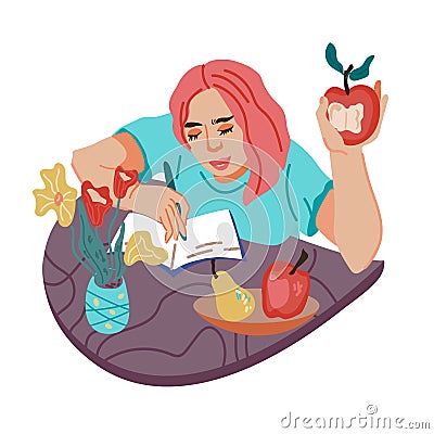 Woman, student or freelancer snacking and having a break for bite during work, flat vector. Vector Illustration