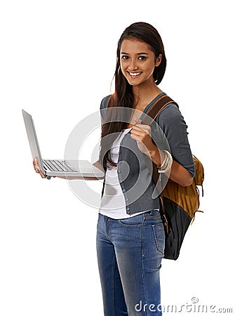 Woman, student and laptop in studio portrait, backpack and ready for online learning on technology. Indian female person Stock Photo