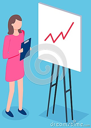 Woman studies chart growth. Data analysis on banner. Girl with clipboard looks at statistics Stock Photo