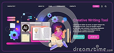 woman studying and writing down new ideas investigations in computer app with ai helper bot creative writing tool Vector Illustration