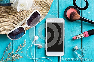 Woman stuff, makeup, cellphone and accessories with copy space Stock Photo