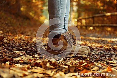 Woman in stylish boots standing on pathway covered with autumn leaves Stock Photo