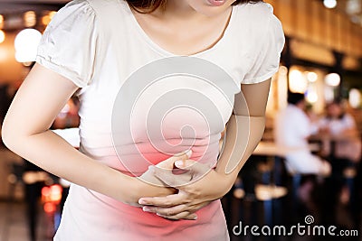 Woman suffer from stomachache or Gastroenterologist. Stock Photo