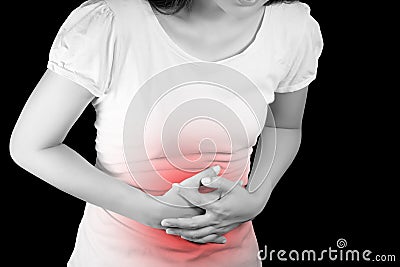Woman suffer from stomachache or Gastroenterology. Stock Photo