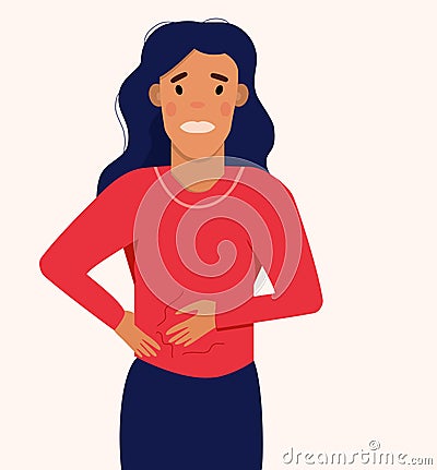 Woman suffering from abdominal bloating.A swollen state caused by retention of gas.Girl has Stomach Ache or gastritis. Vector Illustration