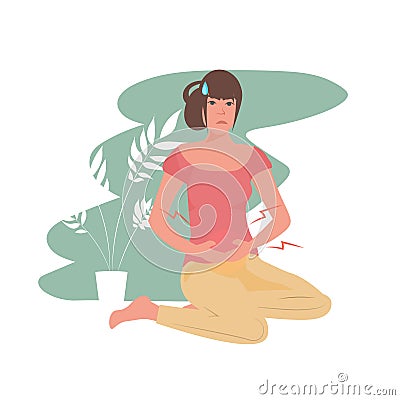 Woman suffering from abdominal pain injury on belly area girl having stomach ache full length Vector Illustration